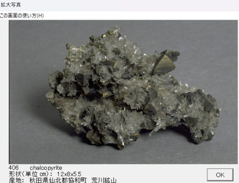 黄銅鉱 秋田県仙北郡協和町　荒川鉱山 出典：本邦鉱物標本　